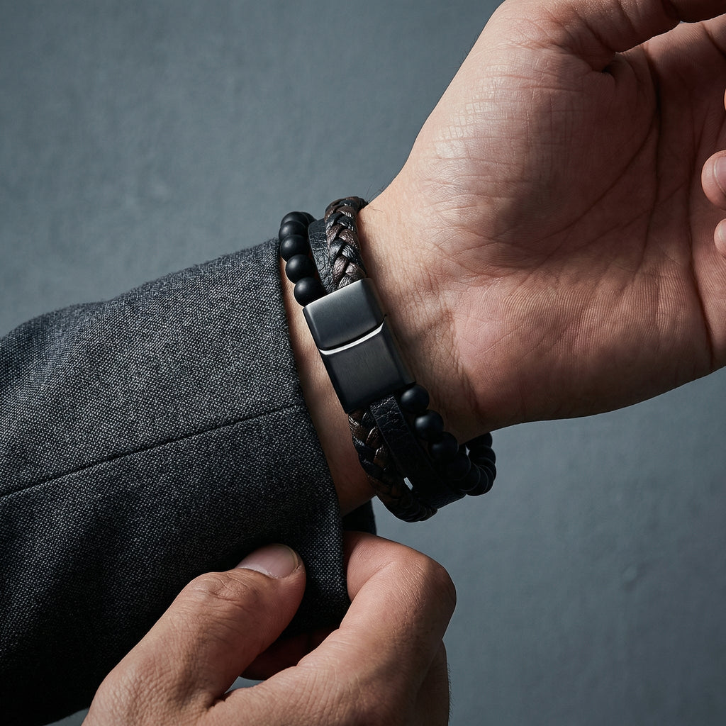 Bracelet en cuir, avec pierres volcaniques naturelles, modèle Jules
