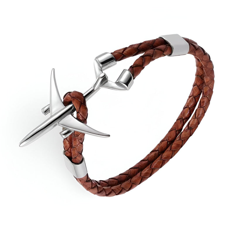 Bracelet en cuir tressé marron avec avion en acier inoxydable argenté, modèle Upton.