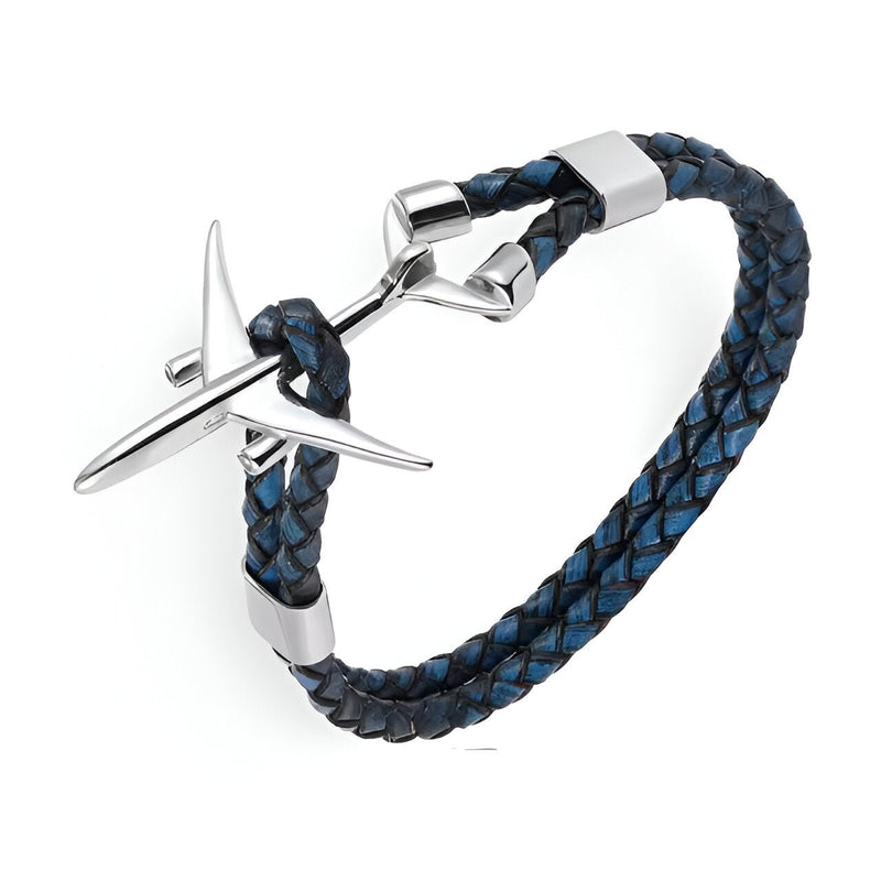 Bracelet en cuir tressé bleu avec avion en acier inoxydable argenté style ancre.