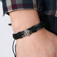 Bracelet en cuir noir avec balle de baseball argentée, style homme, modèle Ruth.
