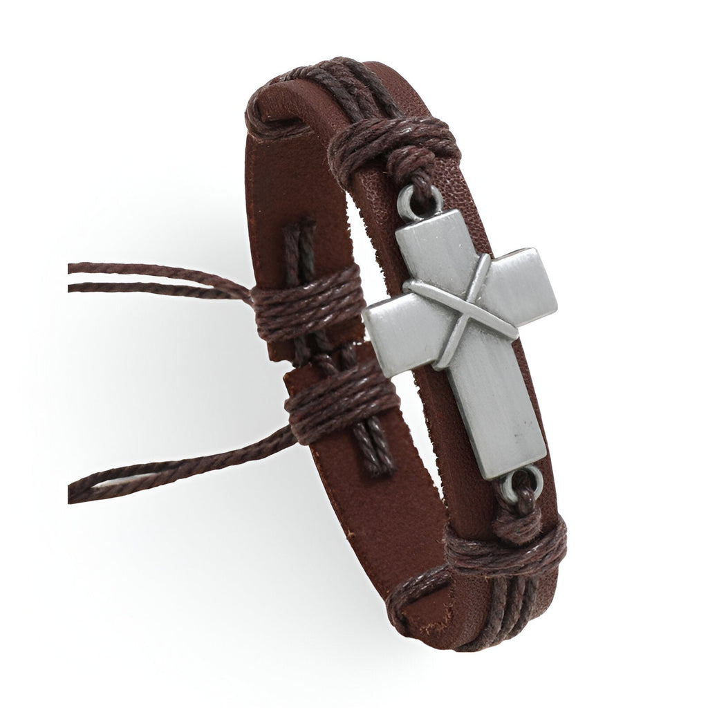 Bracelet en cuir marron avec croix chrétienne en métal, style réglable pour homme.