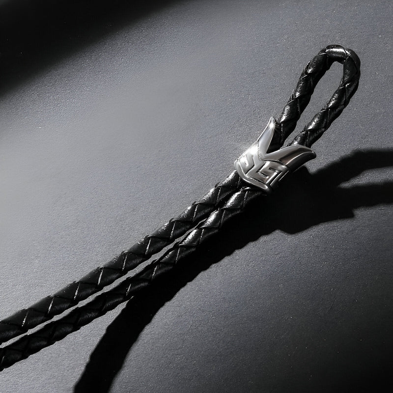 Bracelet homme en cuir noir tressé à double cordon avec tête de loup argentée, modèle Exodia.