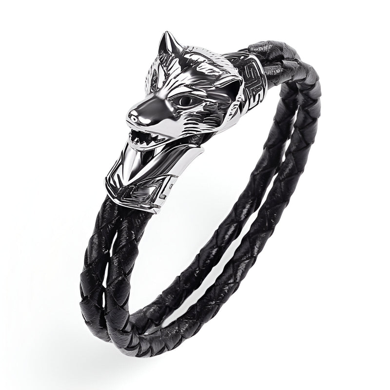 Bracelet homme double cordon cuir noir tressé avec tête de loup argentée détaillée.