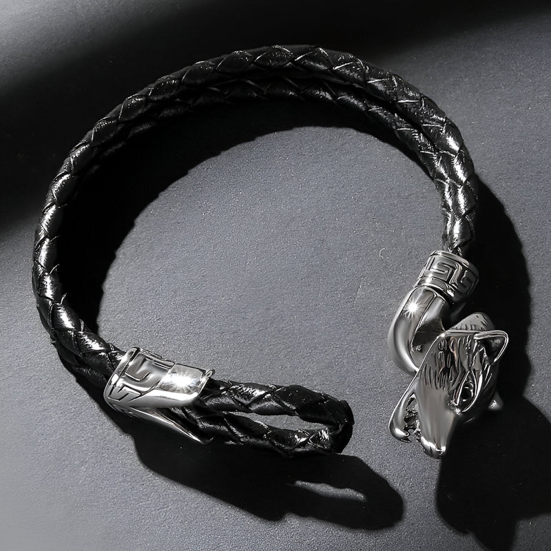Bracelet homme en cuir noir tressé double cordon avec tête de loup en métal argenté modèle Exodia.