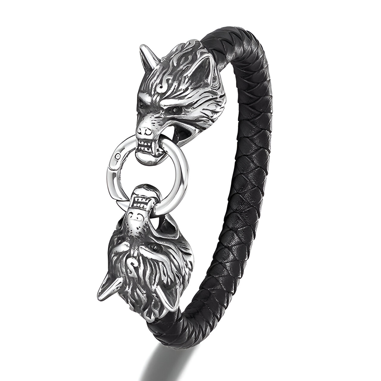 Bracelet en cuir, double tête de loup, pour homme, modèle Ravus - La Boutique du Bracelet