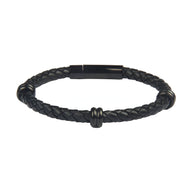 Bracelet homme en cuir noir tressé avec fermoir et détail métallique noir mat.