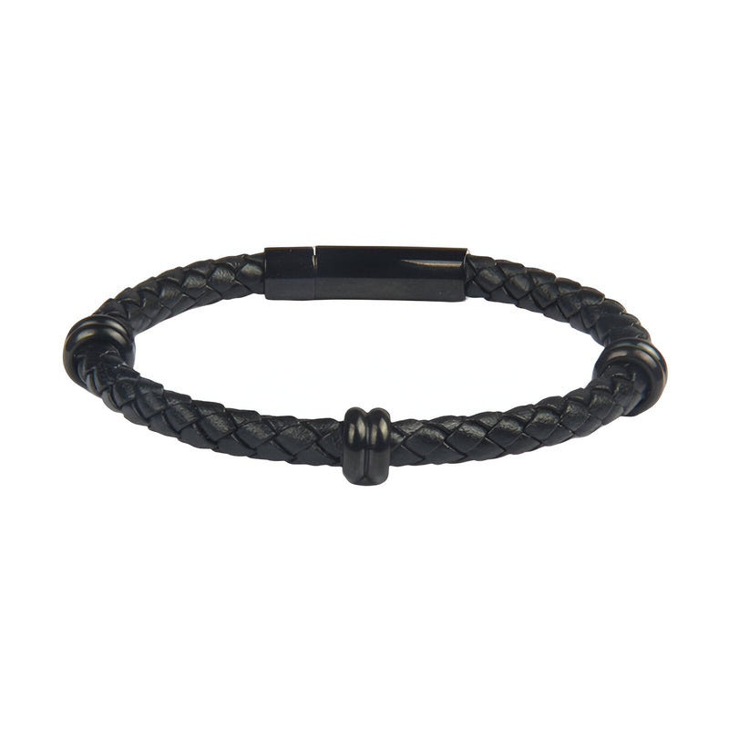 Bracelet homme en cuir noir tressé avec fermoir et détail métallique noir mat.