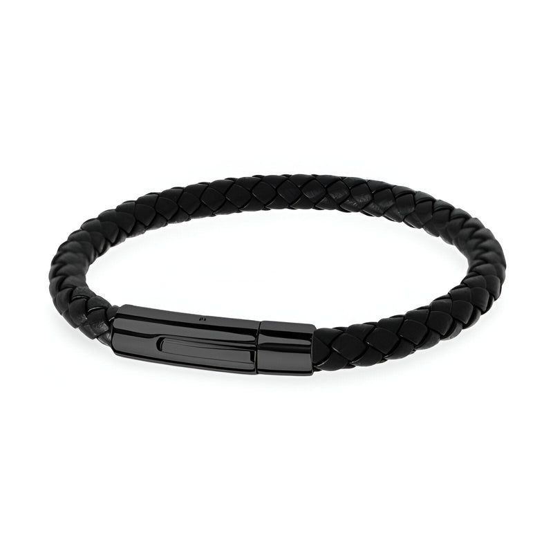 Bracelet tressé en cuir noir avec fermoir en acier inoxydable noir mat.