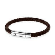 Bracelet homme tressé en cuir marron avec fermoir en acier inoxydable argenté élégant.