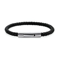 Bracelet pour homme en cuir noir tressé avec fermoir en acier inoxydable argenté.