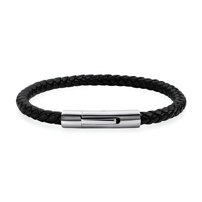 Bracelet pour homme en cuir noir tressé avec fermoir en acier inoxydable argenté.