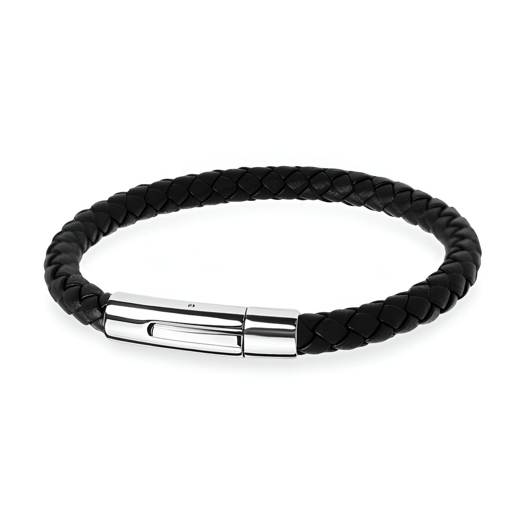 Bracelet homme en cuir noir tressé avec fermoir en acier inoxydable argenté lisse.
