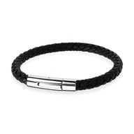 Bracelet homme en cuir noir tressé avec fermoir en acier inoxydable argenté lisse.