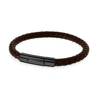 Bracelet tressé en cuir marron avec fermoir en acier inoxydable noir mat, style alluré.