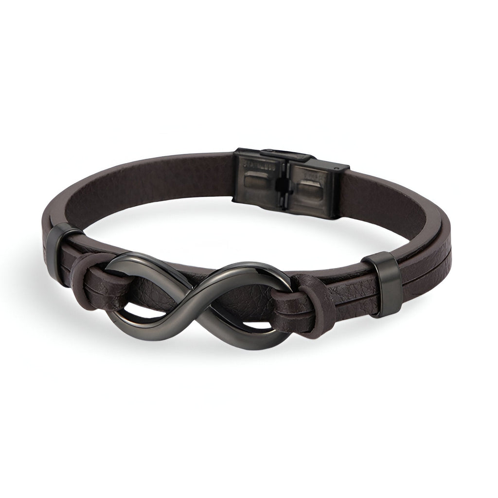 Bracelet noir en cuir avec motif infini en acier inoxydable noir, fermoir clip robuste.