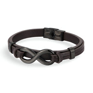 Bracelet noir en cuir avec motif infini en acier inoxydable noir, fermoir clip robuste.