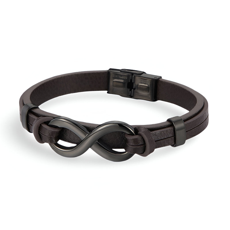 Bracelet noir en cuir avec motif infini en acier inoxydable noir, fermoir clip robuste.