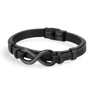 Bracelet noir en cuir avec motif infini en acier inoxydable, fermoir clip solide.