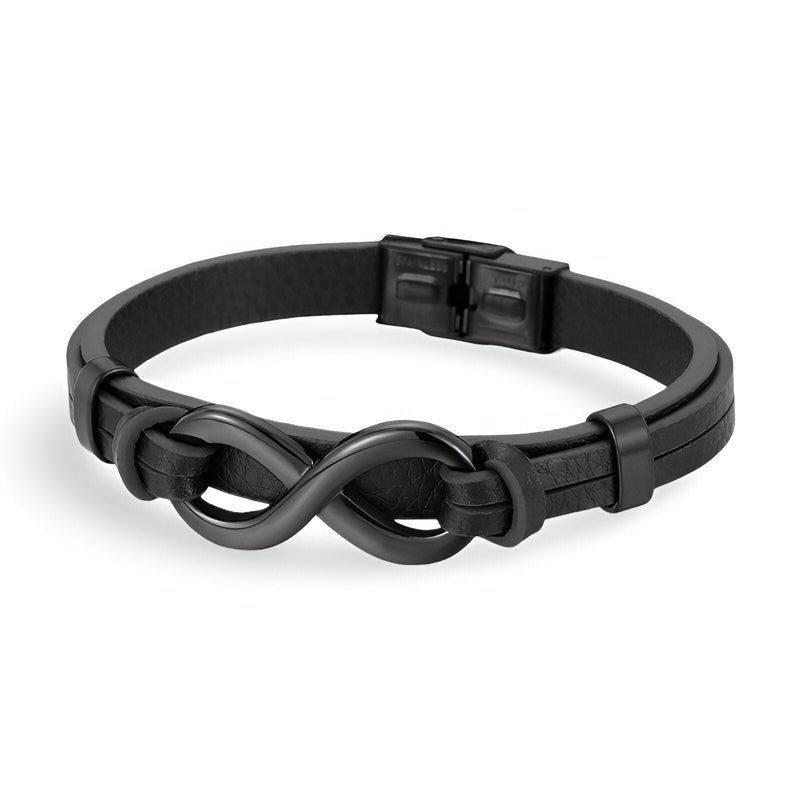 Bracelet noir en cuir avec motif infini en acier inoxydable, fermoir clip solide.