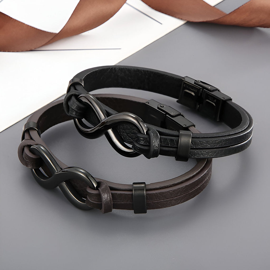 Bracelet double tour en cuir noir avec motif infini en acier inoxydable noir et fermoir clip Bracelet double tour en cuir.