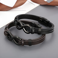 Bracelet double tour en cuir noir avec motif infini en acier inoxydable noir et fermoir clip Bracelet double tour en cuir.