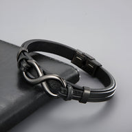 Bracelet noir en cuir avec motif infini en acier inoxydable, fermoir métallique noir mat.