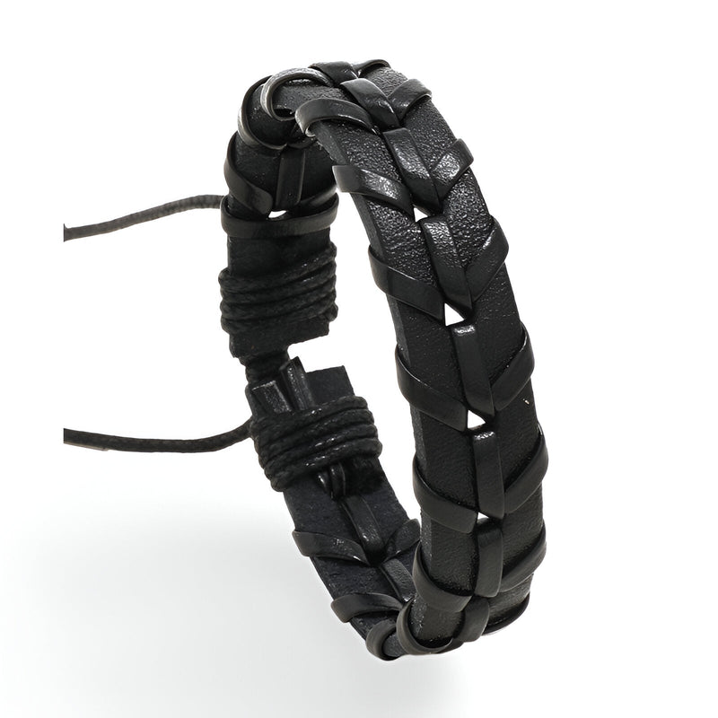 Bracelet en cuir noir tissé à la main avec fermeture ajustable modèle Georgio.