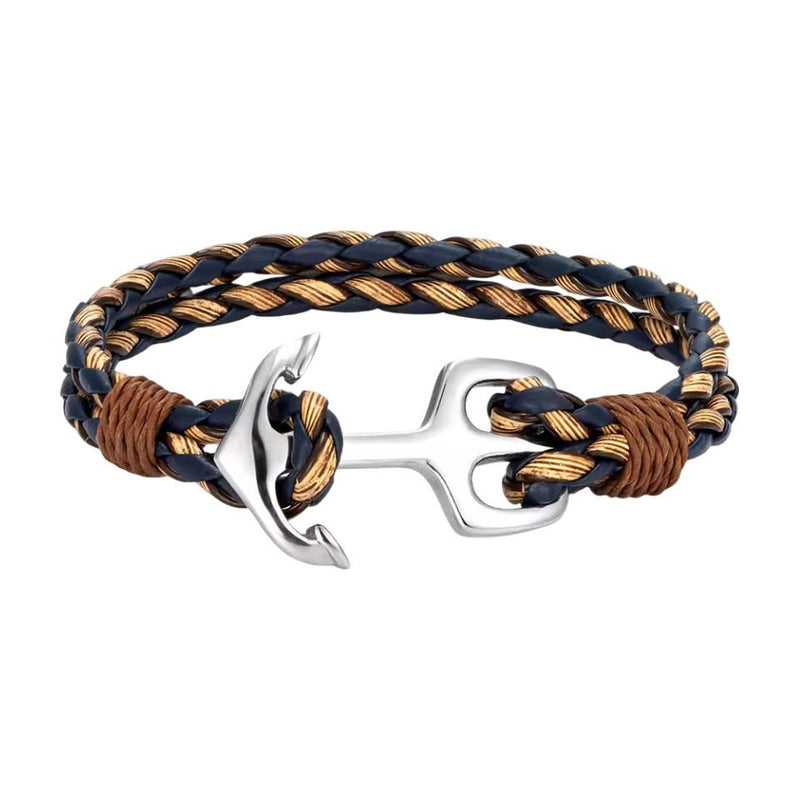 Bracelet marin en cuir tressé bleu marine et beige avec ancre argentée en acier inoxydable.