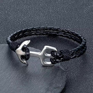 Bracelet en cuir noir tressé avec ancre en acier inoxydable argenté style marin.