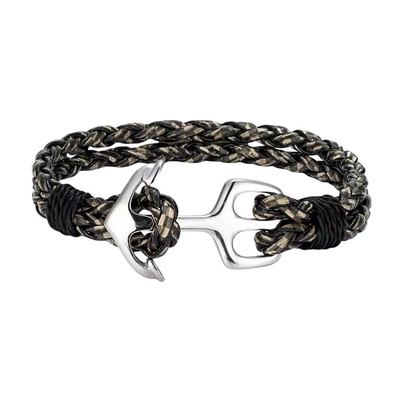 Bracelet en cuir tressé noir et beige avec fermoir ancre en acier inoxydable brillant.
