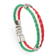 Bracelet en cuir microfibre tricolore vert blanc rouge avec fermoir métallique argenté.