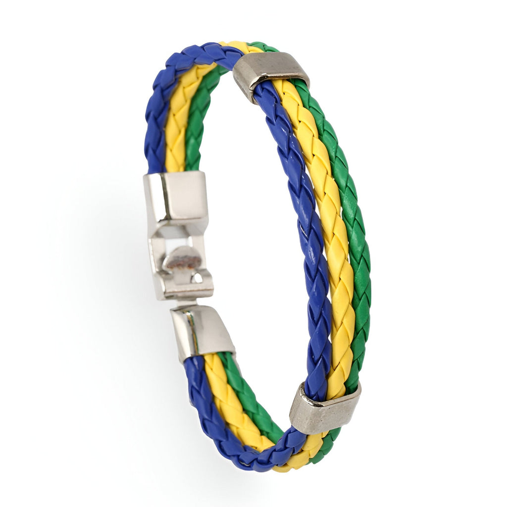 Bracelet mixte Nile en cuir microfibre tressé bleu, jaune et vert avec fermoir en acier inoxydable.