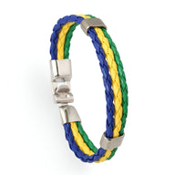 Bracelet mixte Nile en cuir microfibre tressé bleu, jaune et vert avec fermoir en acier inoxydable.