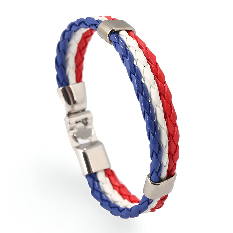 Bracelet en microfibre tressée bleu, blanc et rouge avec fermoir métallique argenté, modèle Nile.