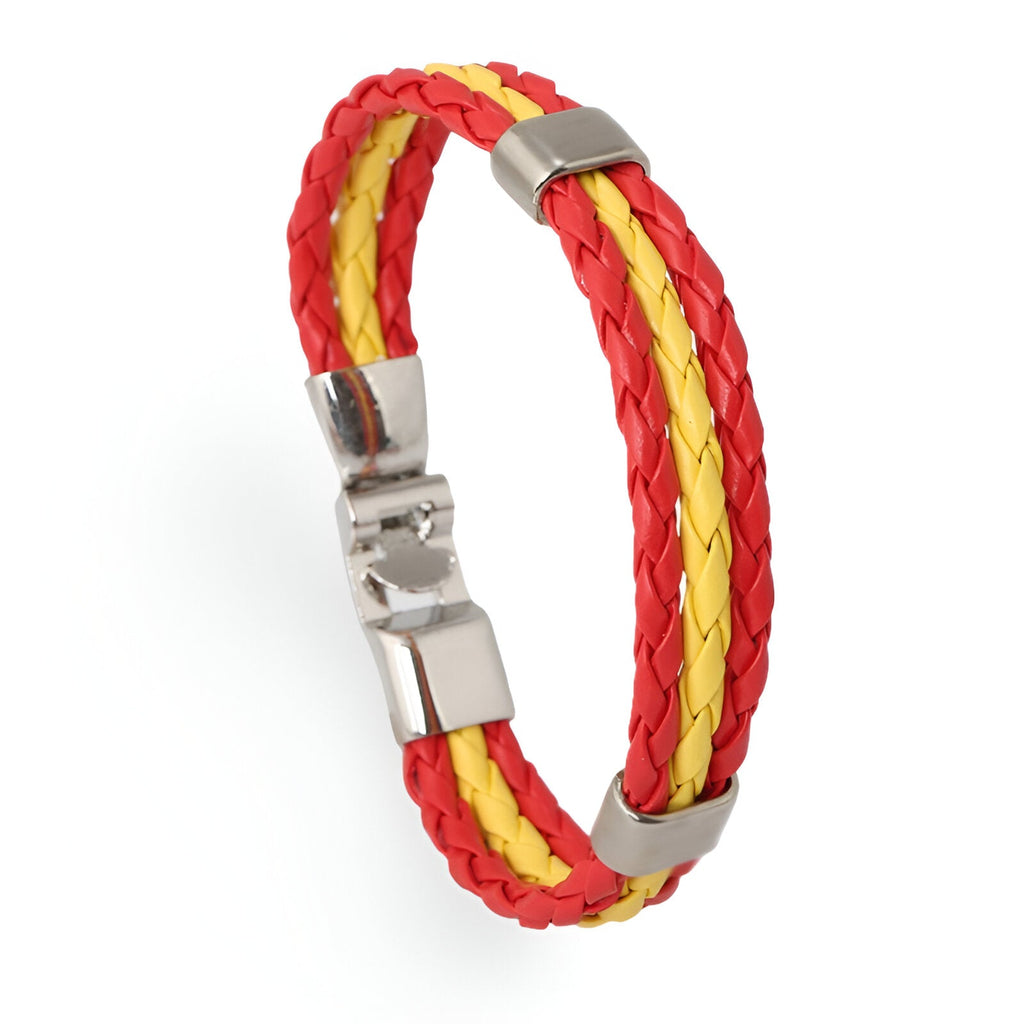 Bracelet mixte en cuir microfibre tressé rouge et jaune avec fermoir métallisé argenté.