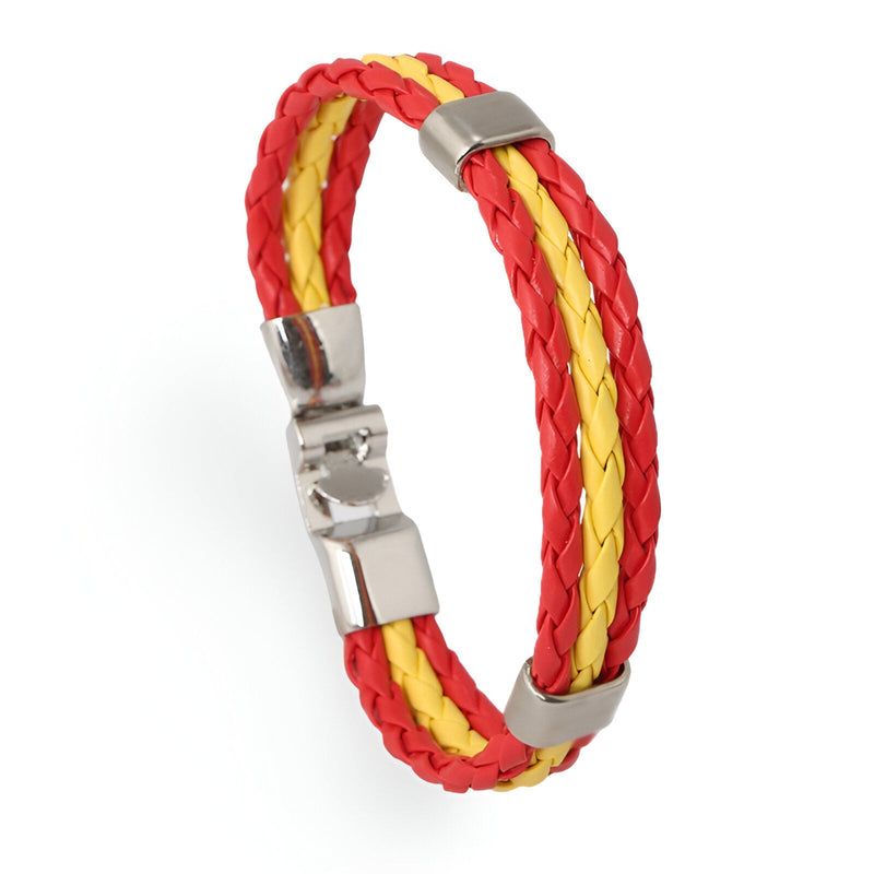 Bracelet mixte en cuir microfibre tressé rouge et jaune avec fermoir métallisé argenté.