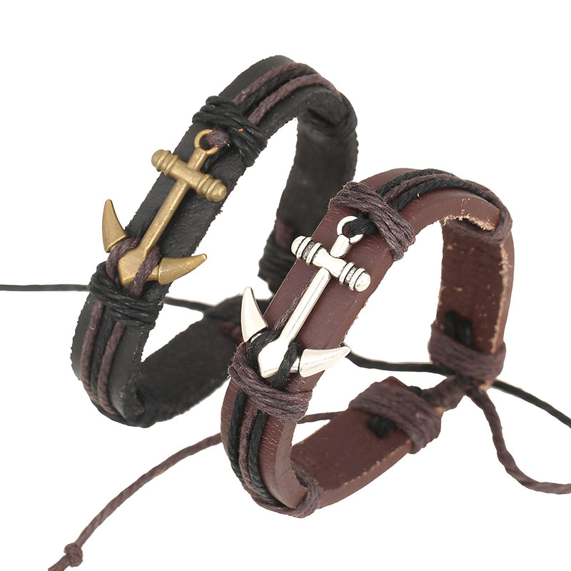 Bracelet en cuir marron et noir avec motif ancre marine métallique, style mixte, modèle Taryn.