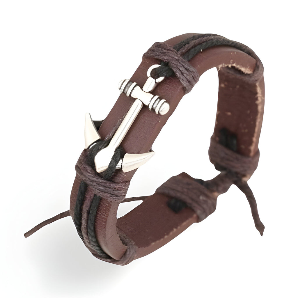 Bracelet en cuir marron avec ancre marine en métal argenté, style mixte avec cordons ajustables.