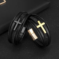 Bracelet en cuir noir multi-tour avec croix métallique noire et fermoir magnétique noir et bracelet noir avec croix dorée et .