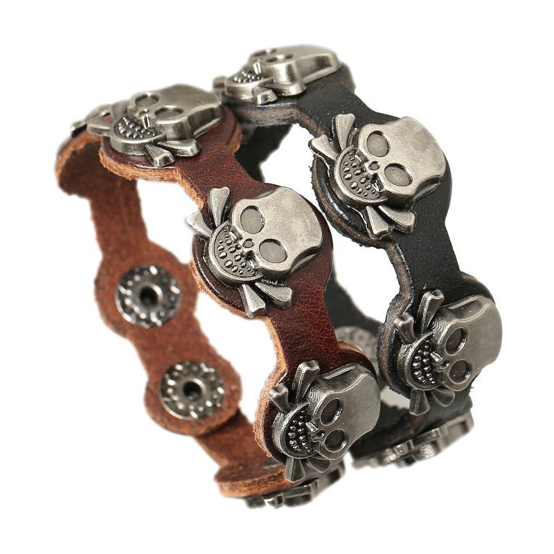 Bracelet en cuir, motif têtes de mort, pour homme, modèle Lioran - La Boutique du Bracelet