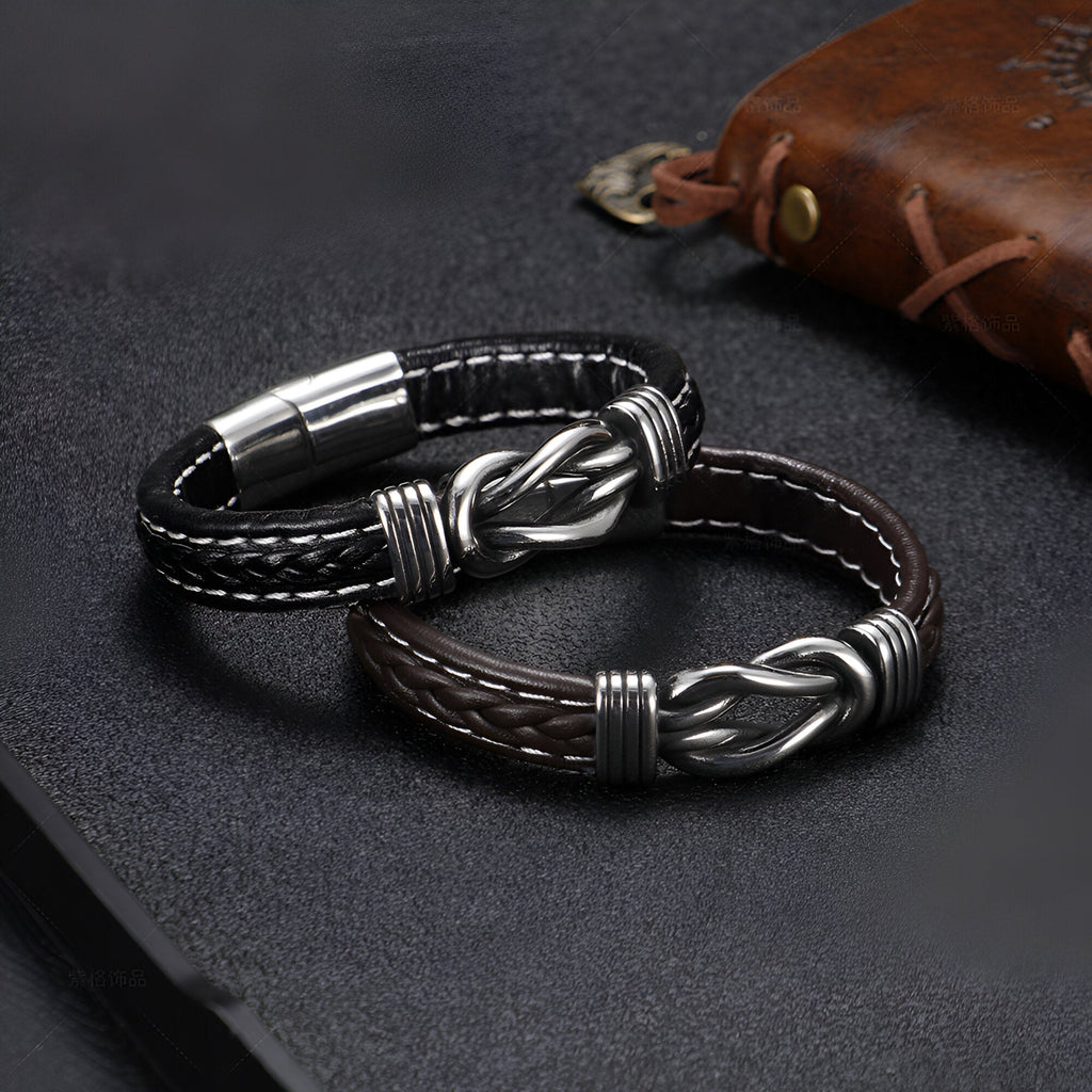 Bracelet en cuir tressé noir avec fermoir métallique argenté, style Sébastien.