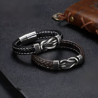 Bracelet en cuir tressé noir avec fermoir métallique argenté, style Sébastien.