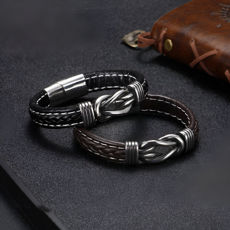 Bracelet en cuir tressé noir avec fermoir métallique argenté, style Sébastien.