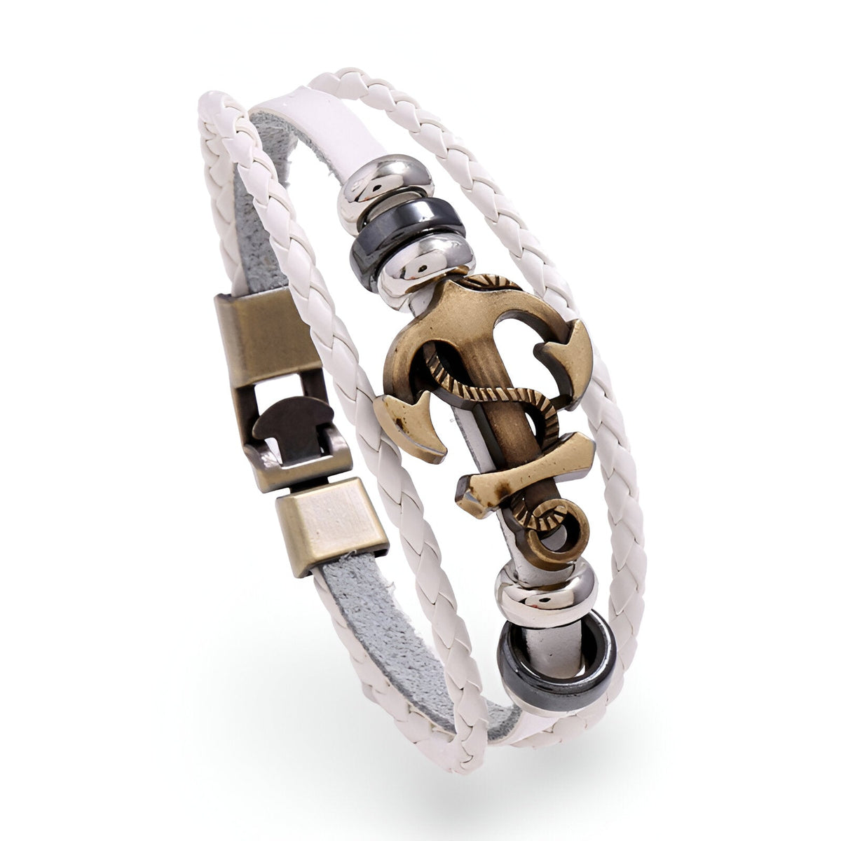 Bracelet en cuir blanc multi-rangs avec ancre marine en métal bronze et détails en acier inoxydable.
