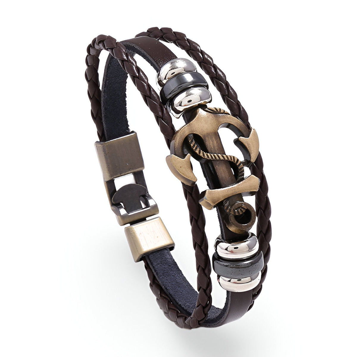 Bracelet homme en cuir marron multi-rangs avec ancre marine dorée et détails argentés.