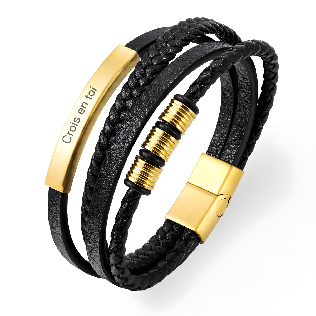 Bracelet homme multi-rangs en cuir noir avec détails métalliques dorés et plaque gravée "Crois en toi".