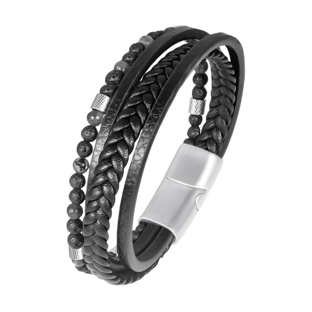 Bracelet multi-rangs noir en cuir et perles œil de tigre, fermoir métallique argenté, style tressé et moderne.