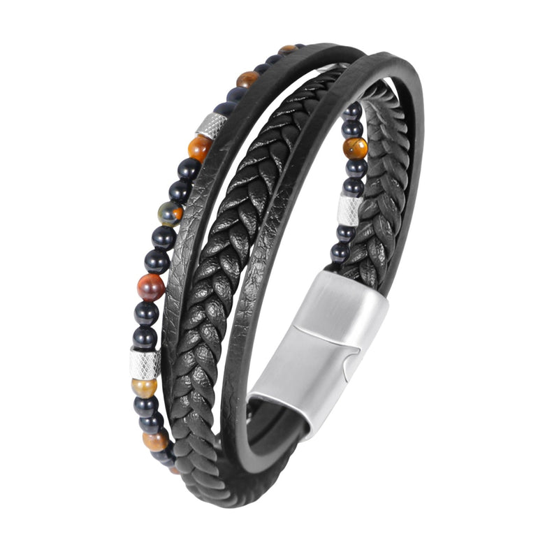 Bracelet multi-rangs en cuir noir tressé avec perles œil de tigre et fermoir métallique argenté.