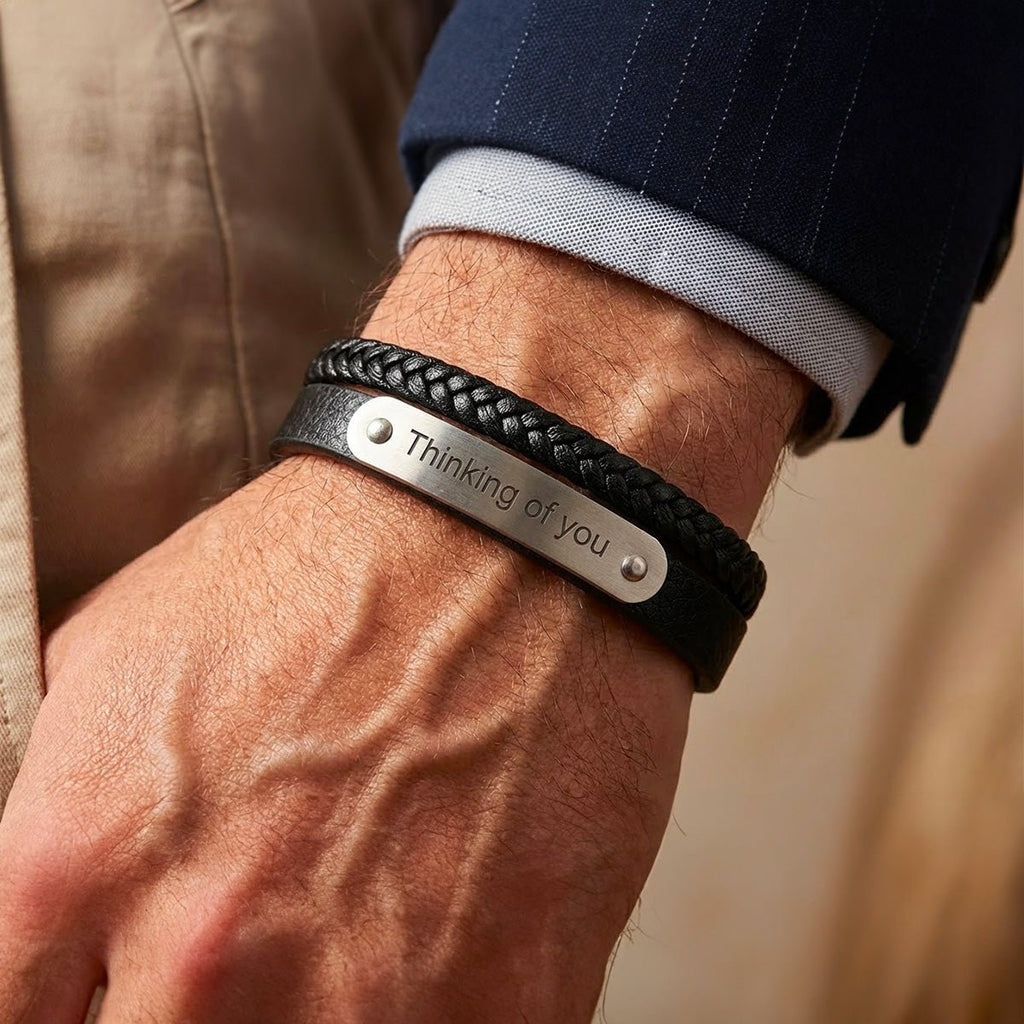 Bracelet en cuir noir tressé avec plaque acier gravée "Thinking of you" et fermoir magnétique élégant.