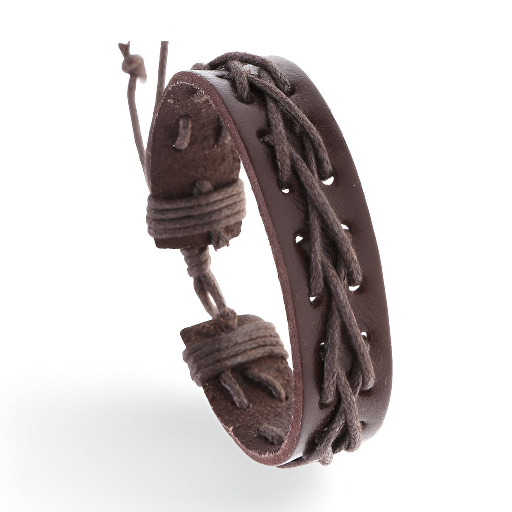 Bracelet en cuir café avec fils entrelacés et fermeture réglable pour homme.